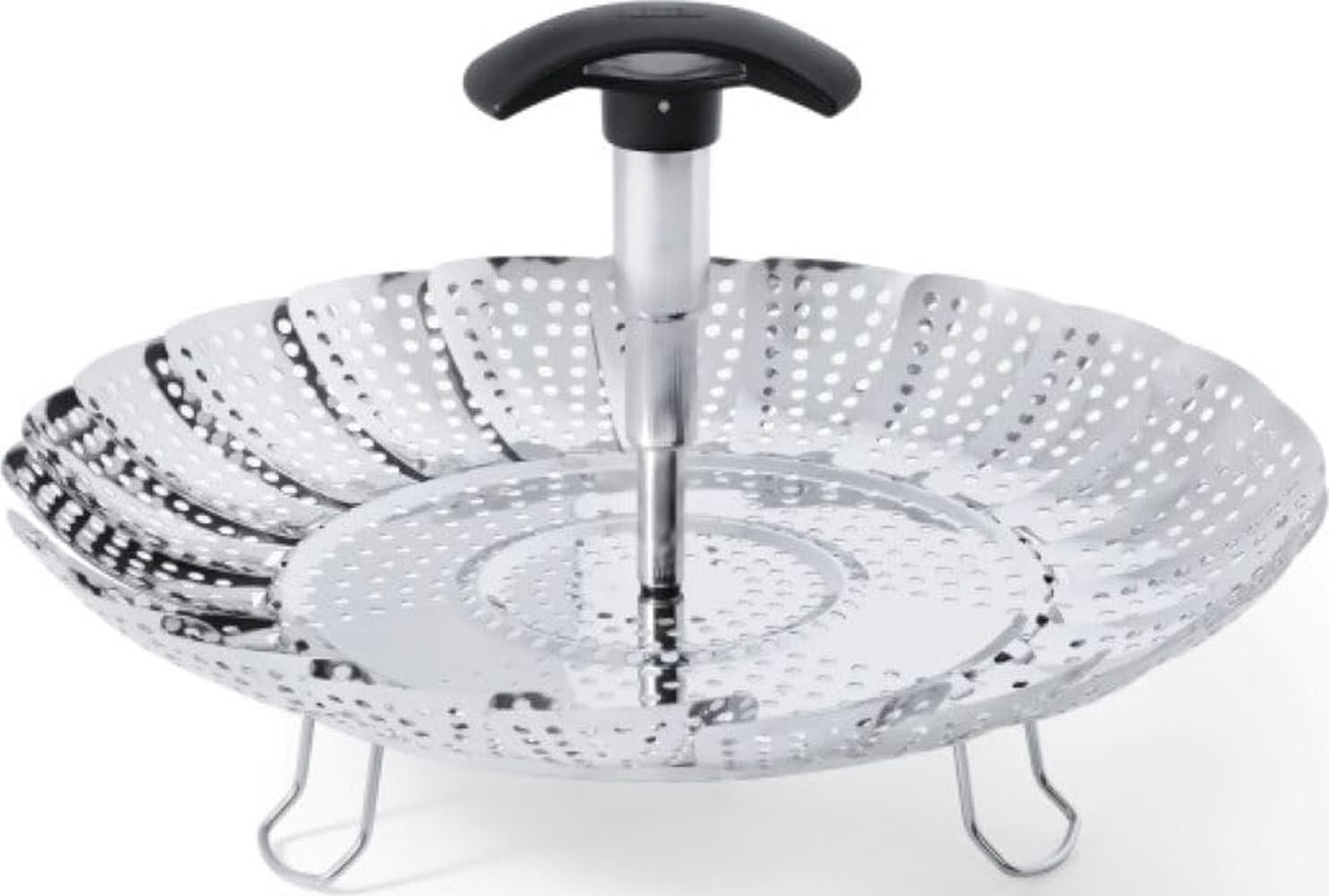 Collapsible stainless steel steamer basket with folding petals and a telescoping handle