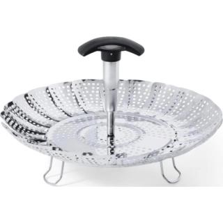 Collapsible stainless steel steamer basket with folding petals and a telescoping handle