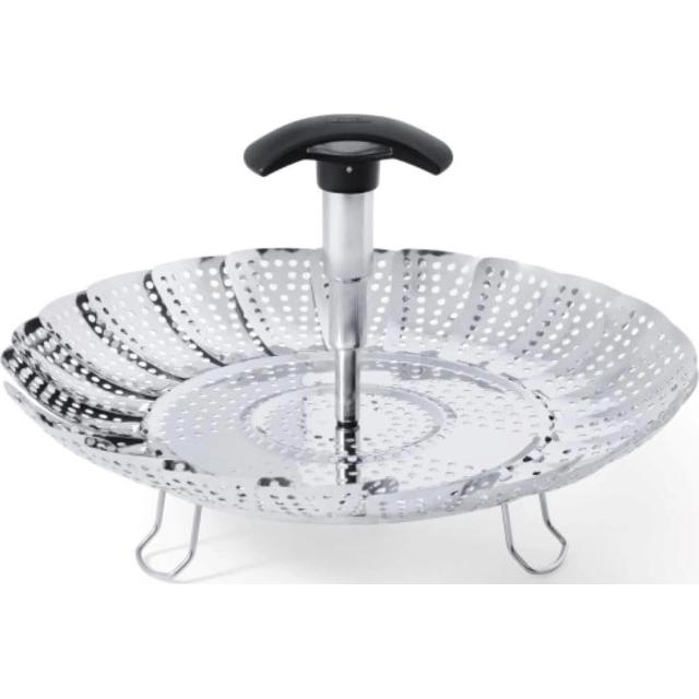 Collapsible stainless steel steamer basket with folding petals and a telescoping handle