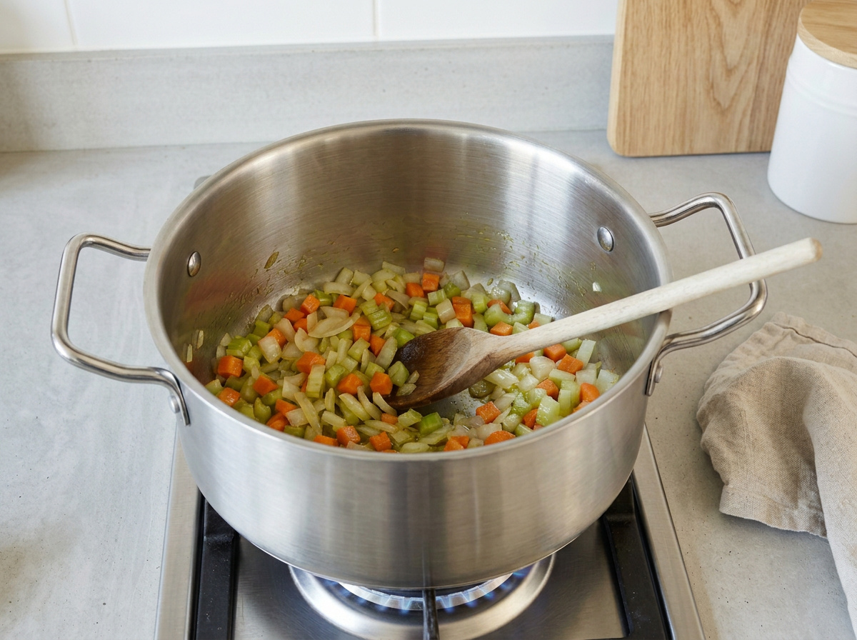 Diced onion, carrot and celery softening in olive oil in a stainless steel pot, the onion turned translucent