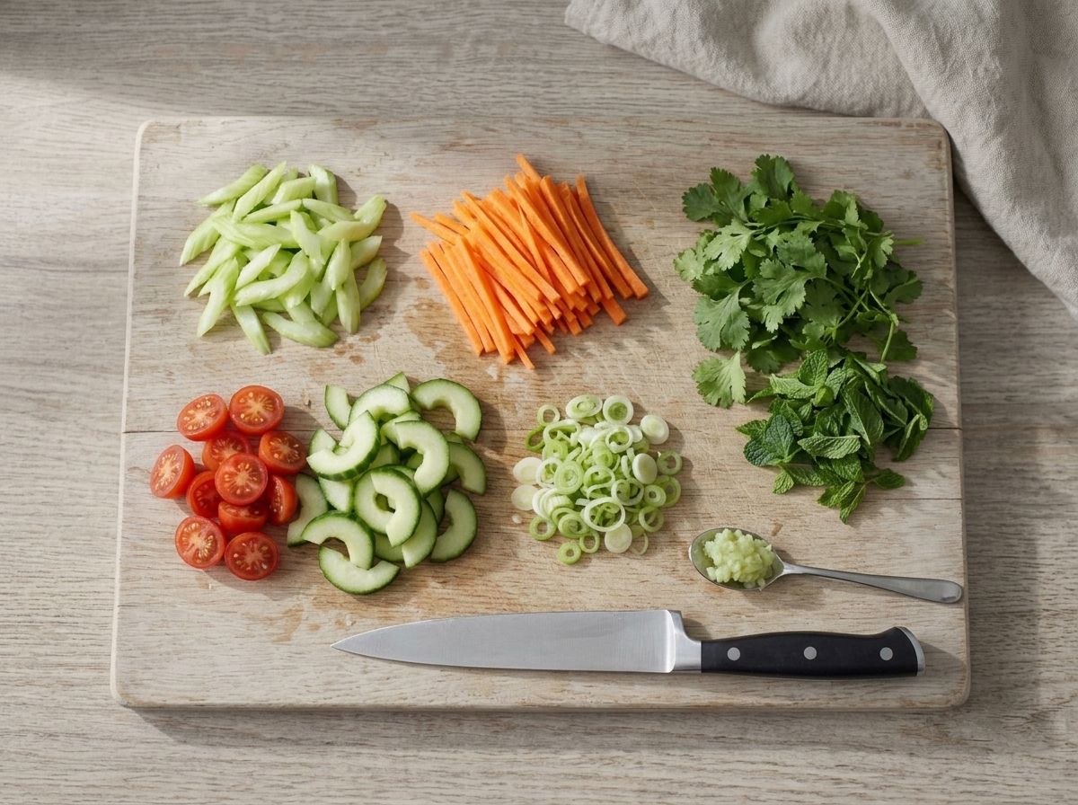 Celery, carrot, cherry tomatoes, cucumber and scallions cut and grouped on a board, with the cilantro and mint kept separate