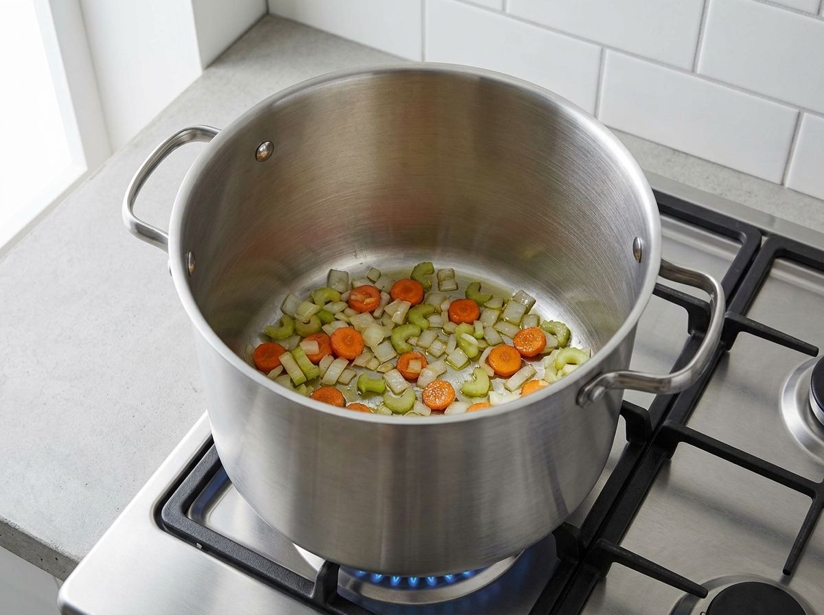 Diced onion, carrot and celery softening in olive oil in the bottom of a large stockpot