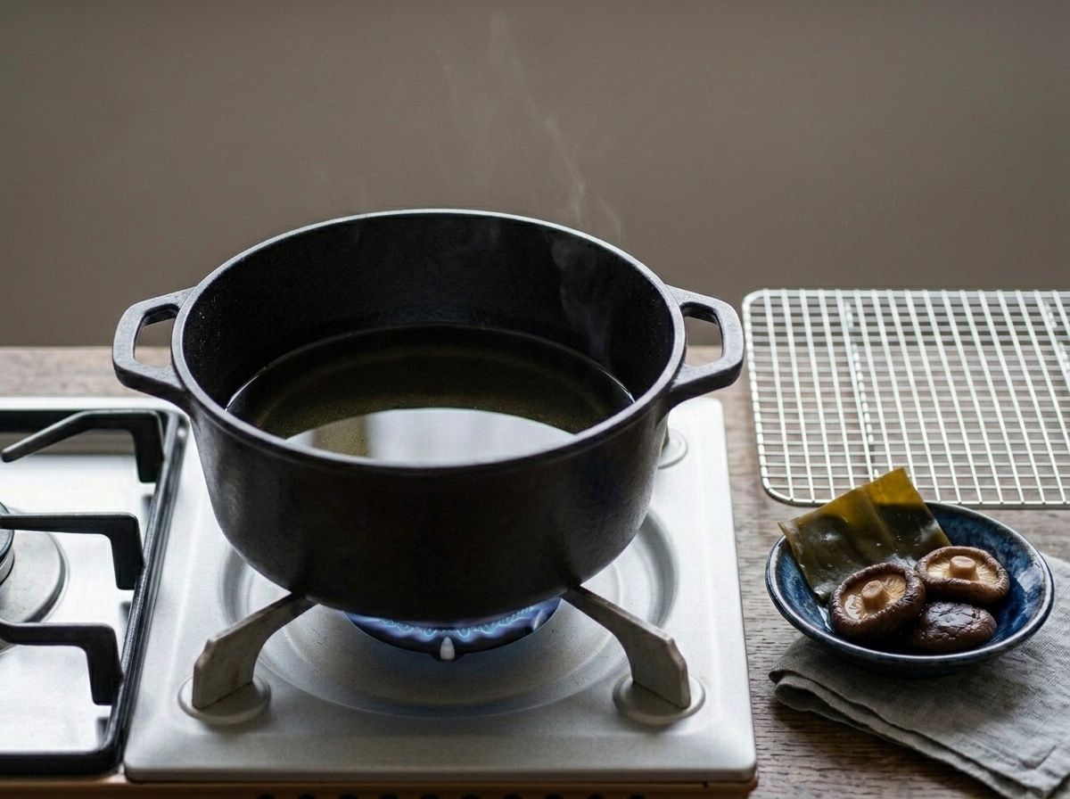 A shallow layer of frying oil heating in a black cast iron pot, with a wire rack ready alongside