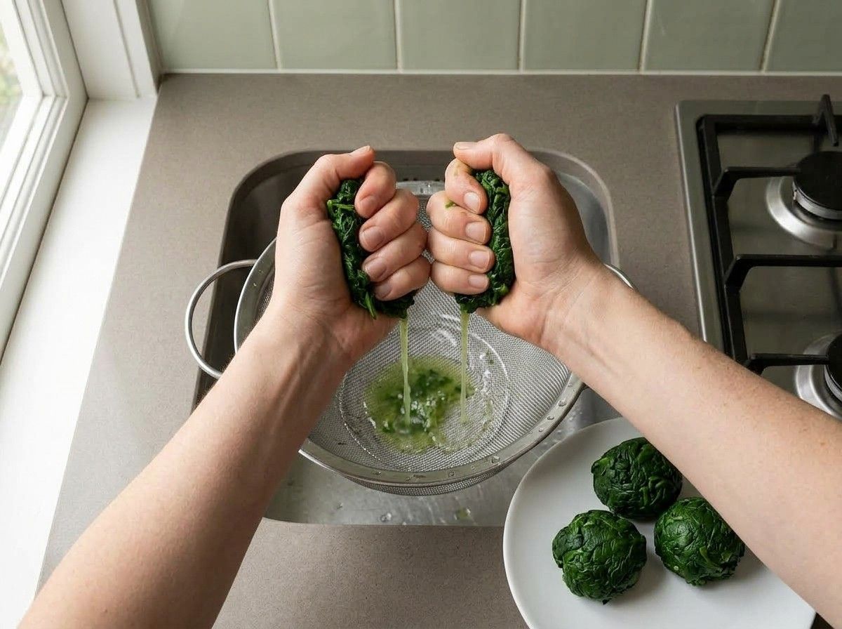 Hands squeezing handfuls of cooked spinach over a colander until compact and barely damp