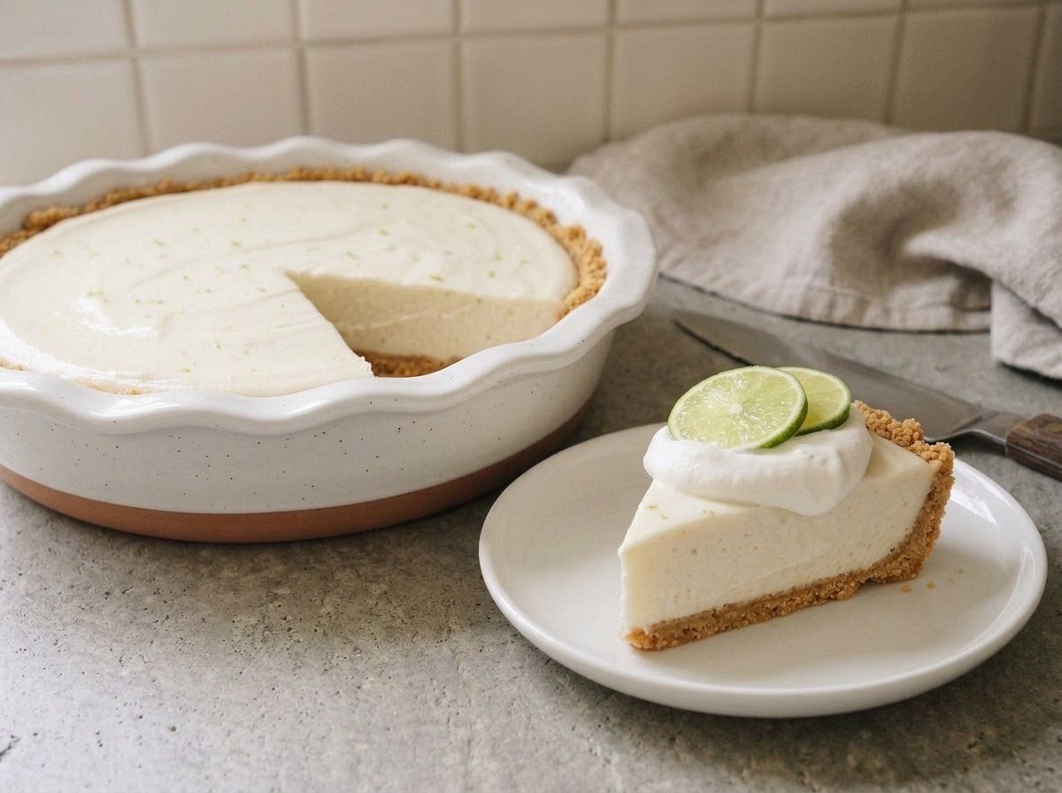 A slice of set vegan key lime pie on a plate with coconut whipped cream and lime rounds