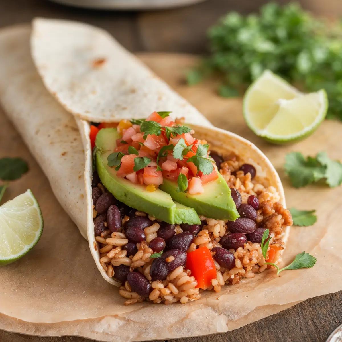 Hearty vegan burrito with colorful veggies, black beans, and brown rice in a tortilla.