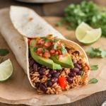 Hearty vegan burrito with colorful veggies, black beans, and brown rice in a tortilla.