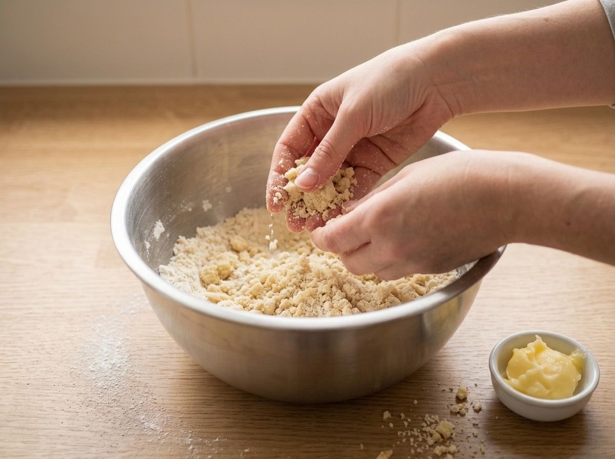Ghee being rubbed into the sifted milk powder with fingertips until it crumbles like damp sand