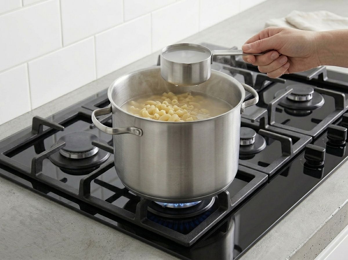 A measuring cup of cloudy starchy pasta cooking water being lifted out of the pot before draining