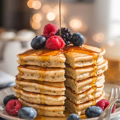 Stack of fluffy vegan pancakes topped with maple syrup and fresh berries.