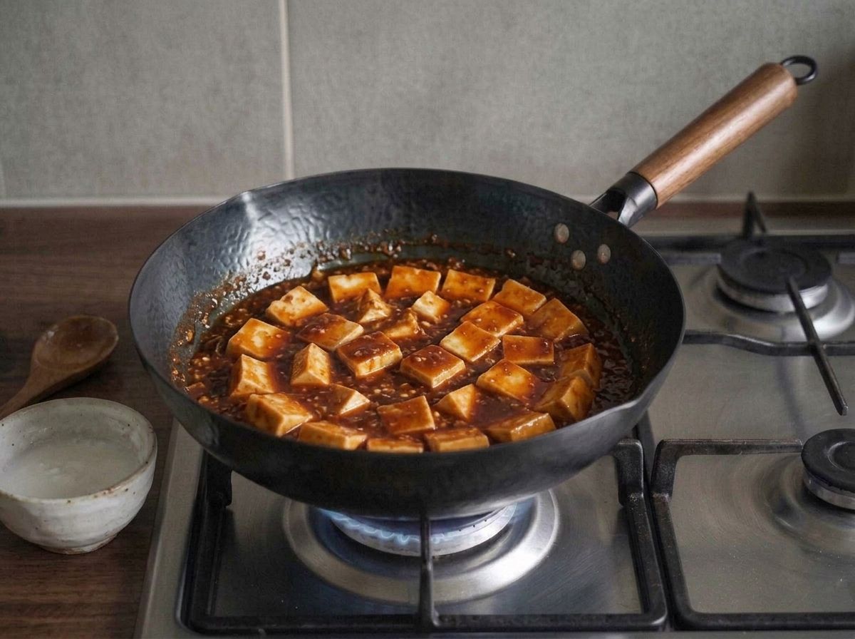 The sauce thickened to a gloss that clings to every tofu cube, with the bowl of cornstarch slurry beside the hob.