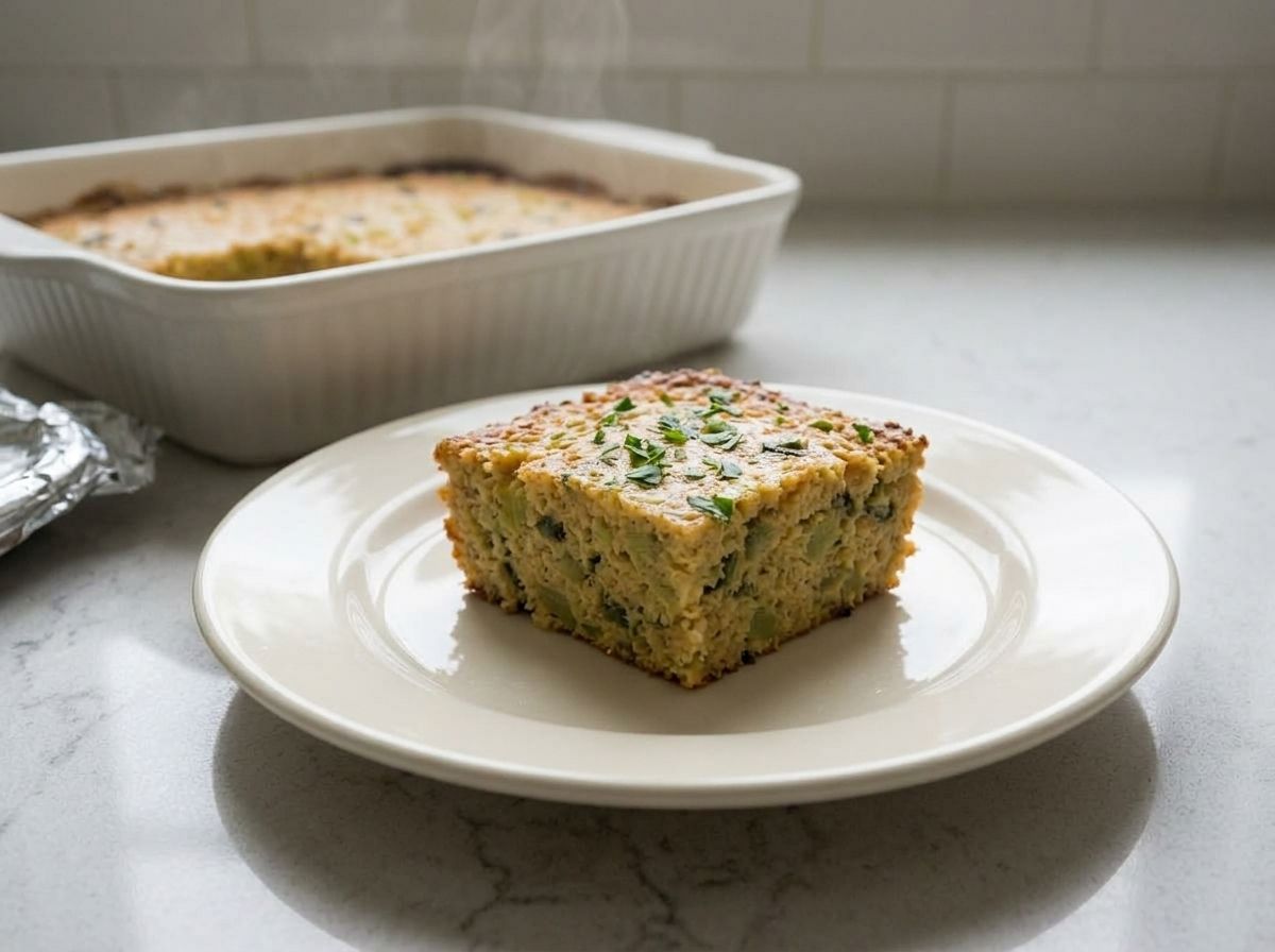 A square of cornbread dressing on a plate showing the dense moist crumb, scattered with parsley.