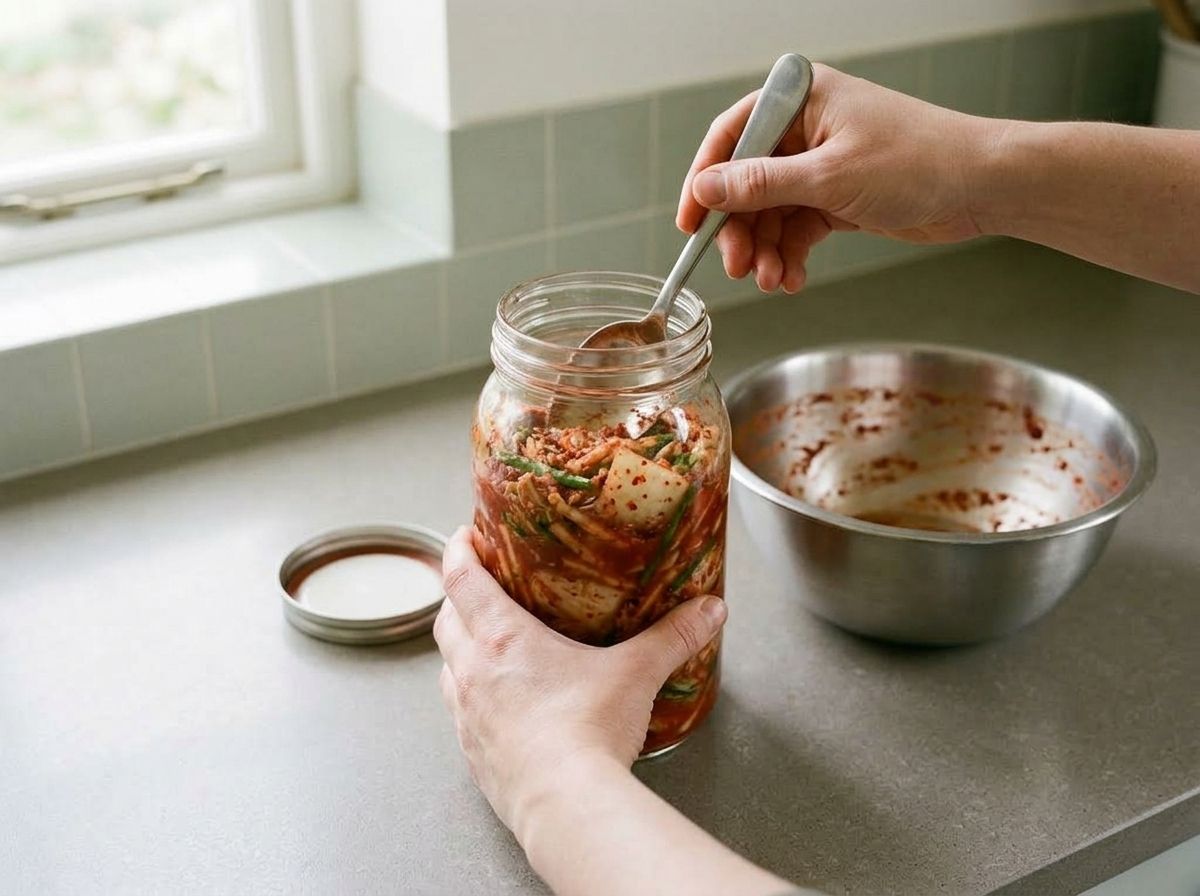 Pressing the kimchi down into a wide-mouth glass jar with a spoon