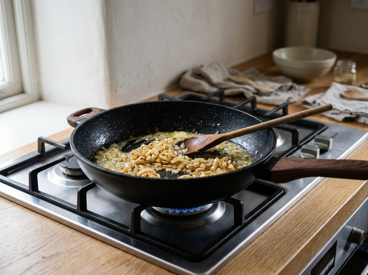 Chopped onion softening in butter in a black skillet until deep golden at the edges.