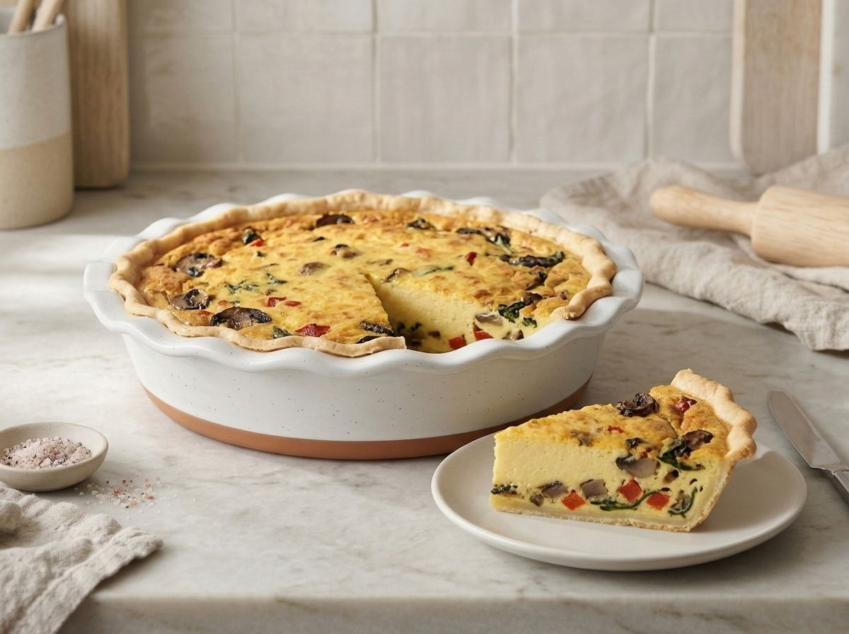 A wedge lifted out of the finished quiche onto a plate, showing a dense, clean-cut pale yellow filling.