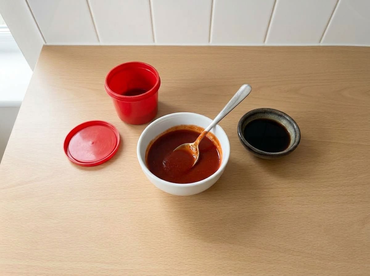 Gochujang, soy sauce and sugar stirred into the kimchi juice until the sauce is smooth and deep red.