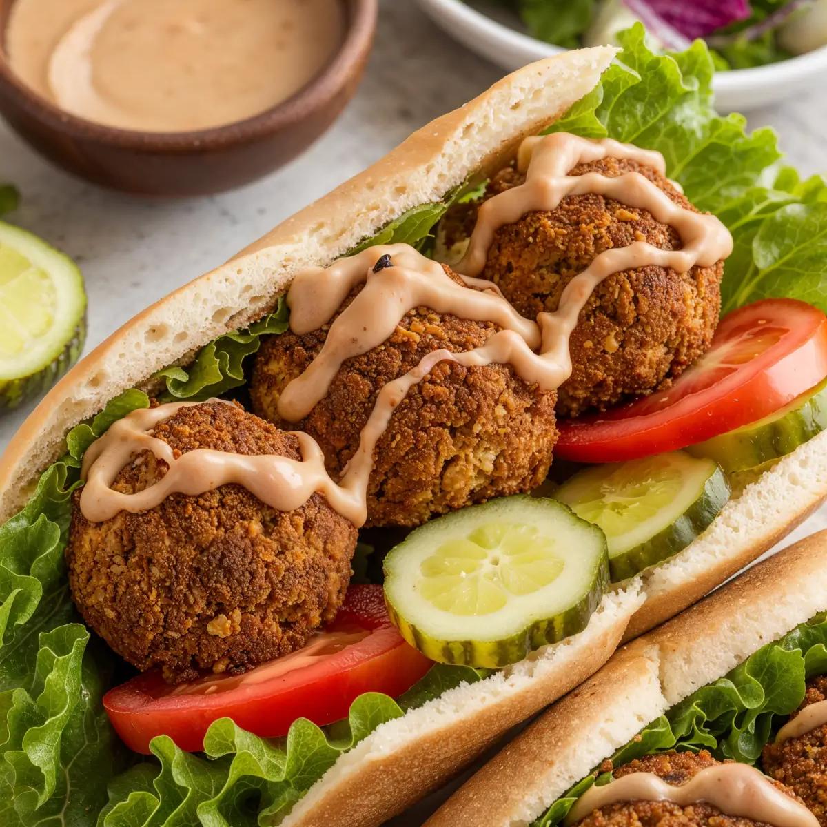 Falafel sandwich with crispy falafel, fresh veggies, and creamy tahini sauce in pita.
