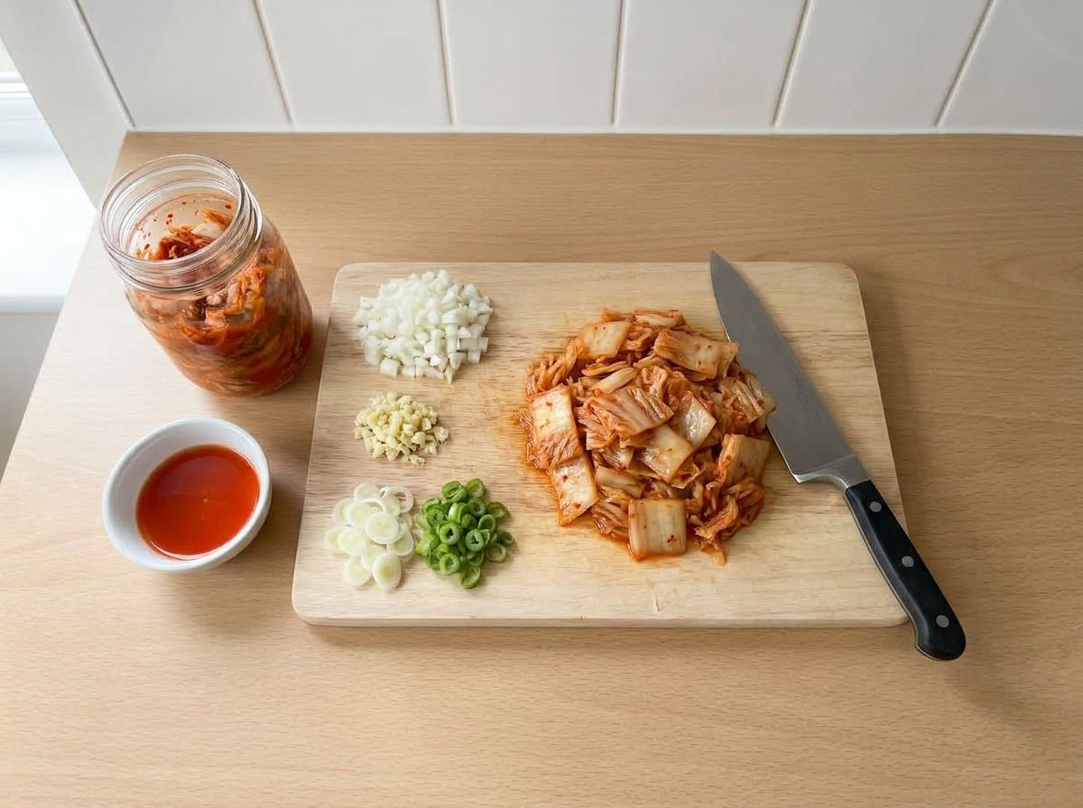 Ripe kimchi chopped into thumbnail pieces on a board beside its jar, a small bowl of kimchi juice and piles of diced onion, garlic and sliced scallion.