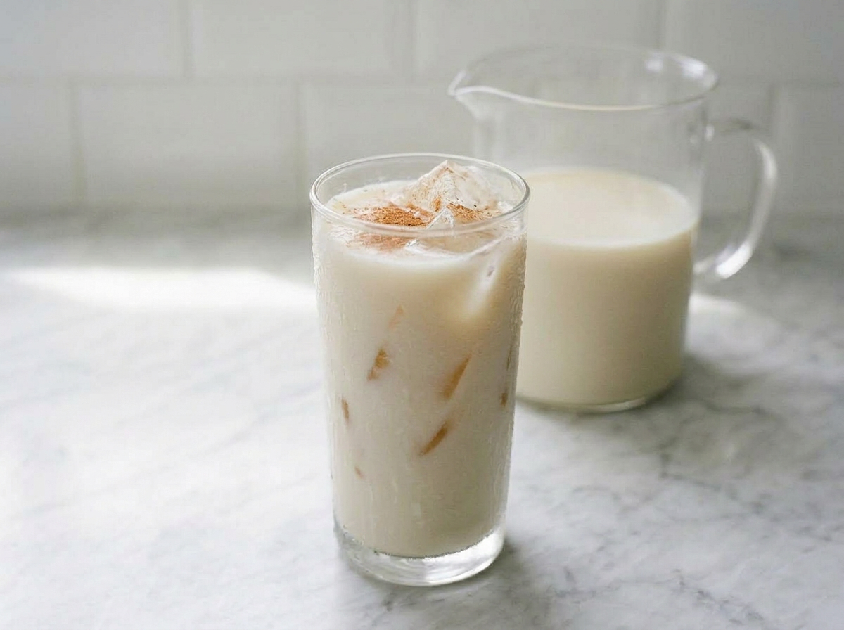A tall glass of horchata over ice dusted with ground cinnamon, the pitcher behind