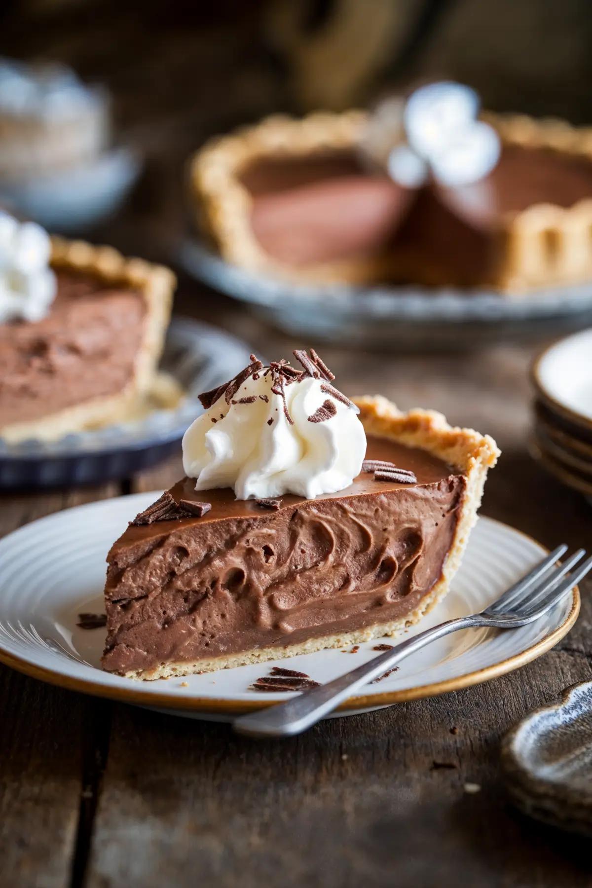 A slice of silken chocolate cream pie with whipped cream and chocolate shavings on a plate.