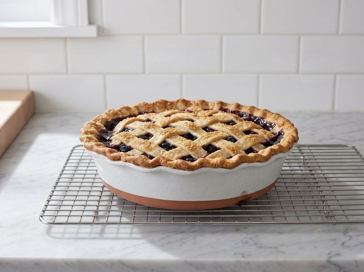 The finished blueberry pie cooling on a wire rack, the filling set and no longer bubbling