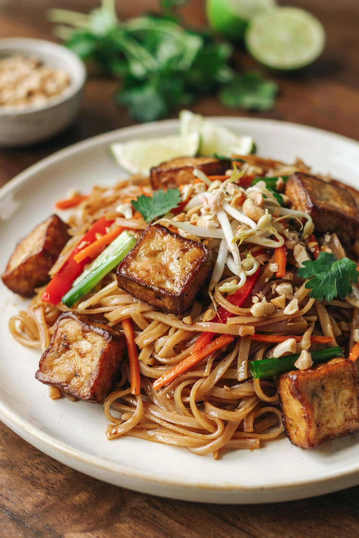Vegan pad thai on a cream plate, flat rice noodles glossy with tamarind sauce, tossed with golden fried tofu, red pepper and carrot, topped with bean sprouts, crushed peanuts and cilantro.