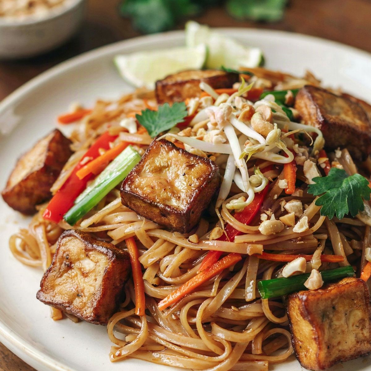 Vegan pad thai on a cream plate, flat rice noodles glossy with tamarind sauce, tossed with golden fried tofu, red pepper and carrot, topped with bean sprouts, crushed peanuts and cilantro.