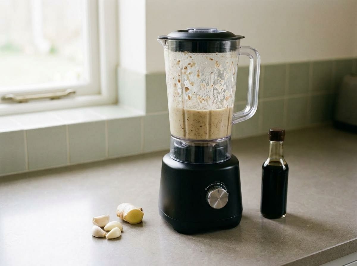 Porridge, shiitake, garlic, ginger, onion and soy sauce blended smooth in a blender