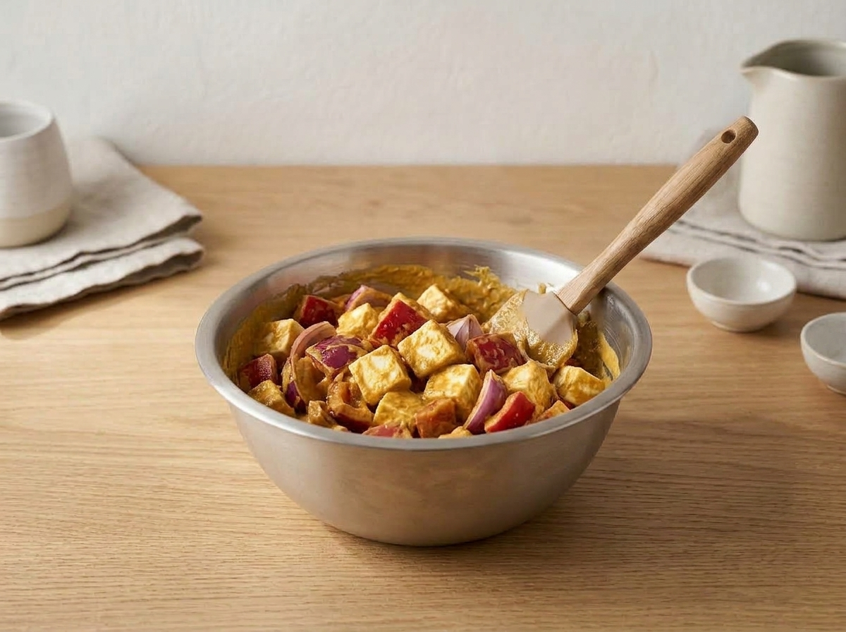 Paneer cubes, red bell pepper and red onion petals folded through the orange marinade until coated.
