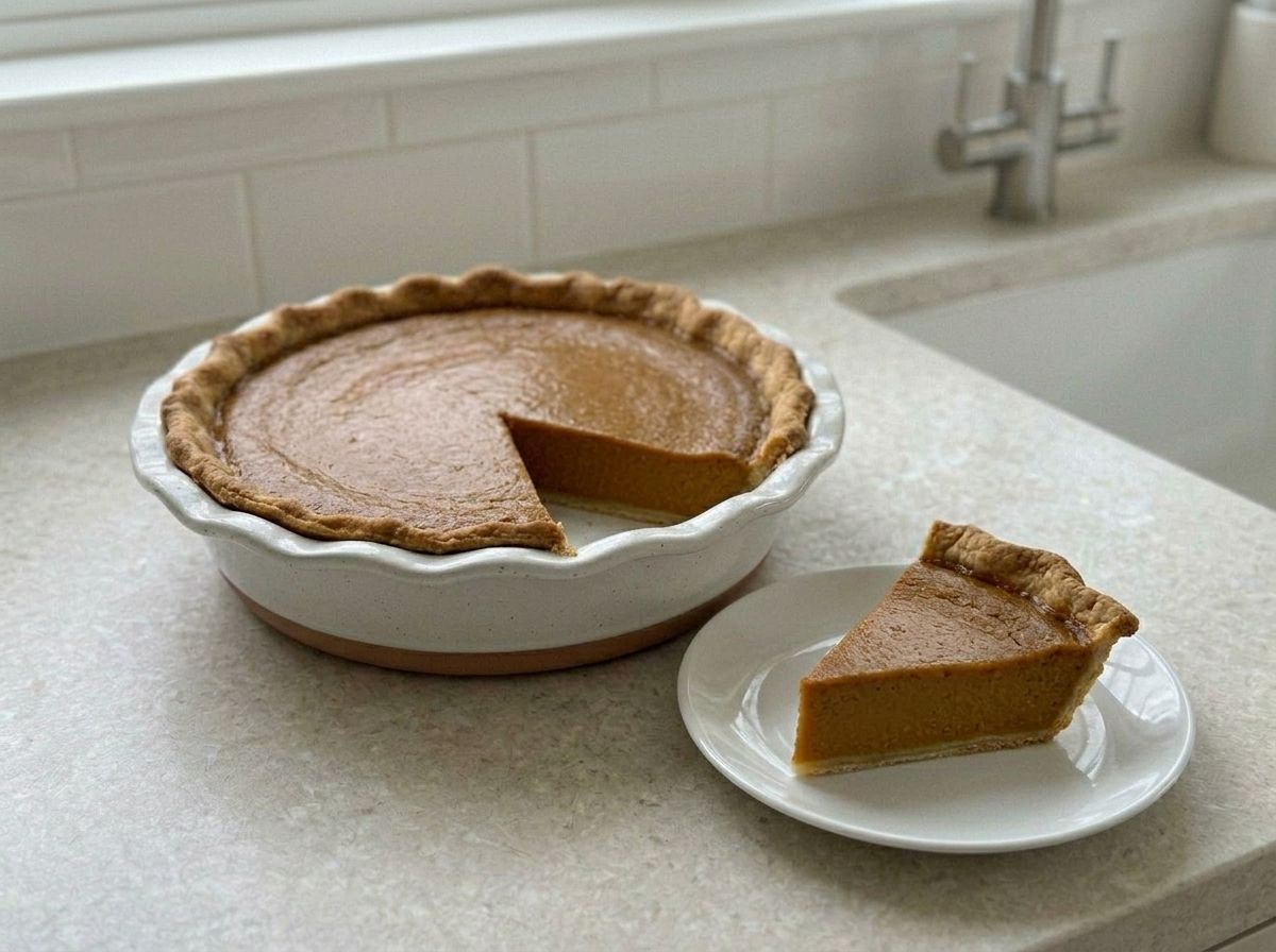 Chilled vegan pumpkin pie with one wedge cut and lifted onto a plate, the cut face sharp and firm with no slump.