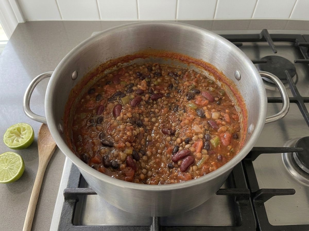 The pot off the heat with squeezed lime halves and a spoon beside it