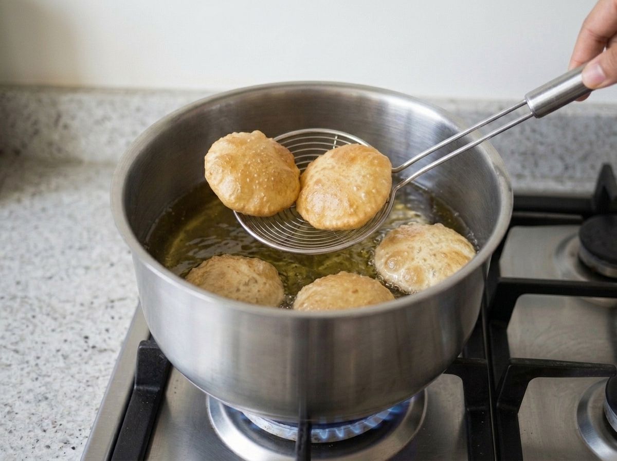 The puffed puris fried through to an even gold, two lifted clear of the oil on a slotted spoon.