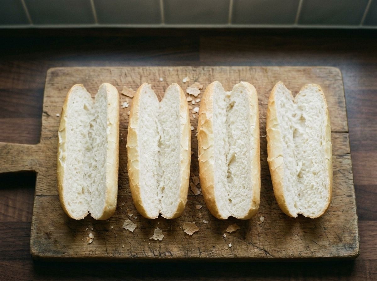Four Vietnamese banh mi rolls split along one side and opened, showing the fine soft crumb.
