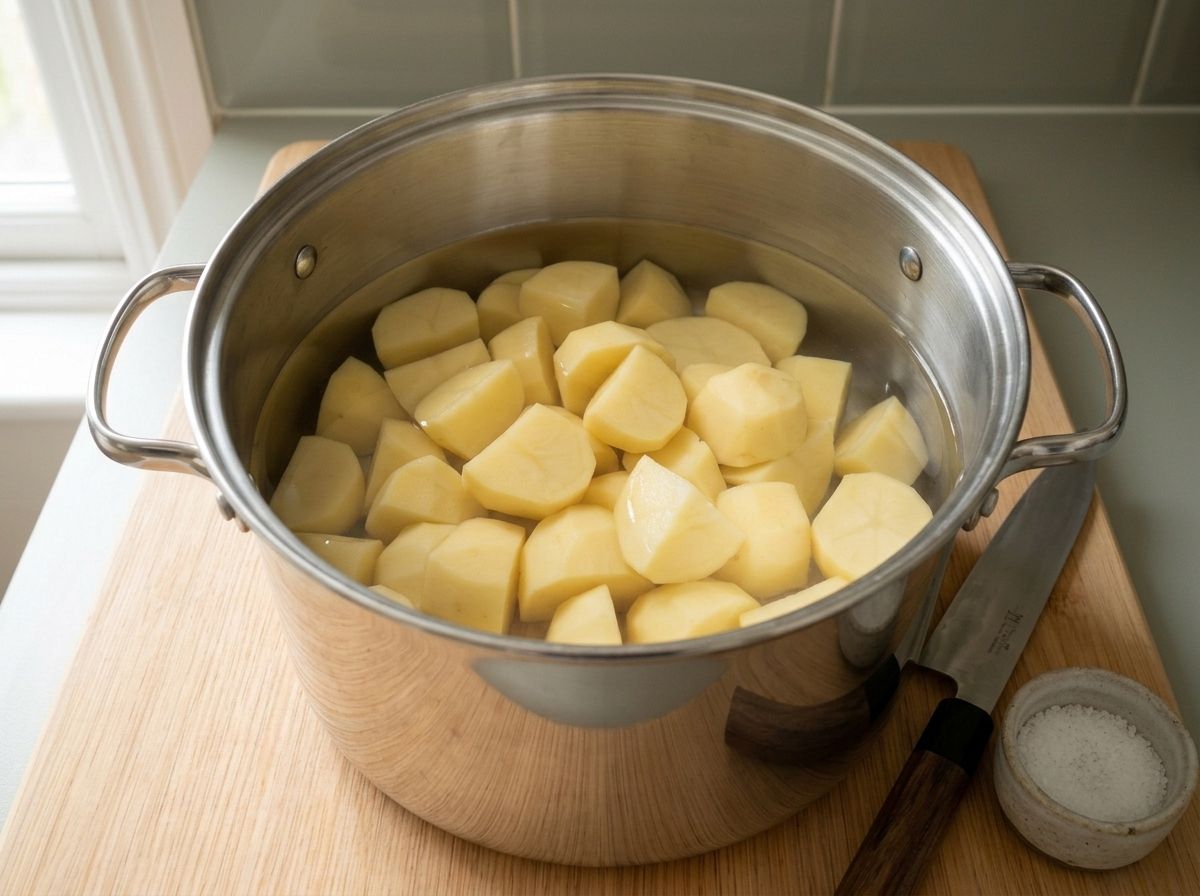 Potato chunks in a stainless steel pot covered with cold water, ready to be salted.
