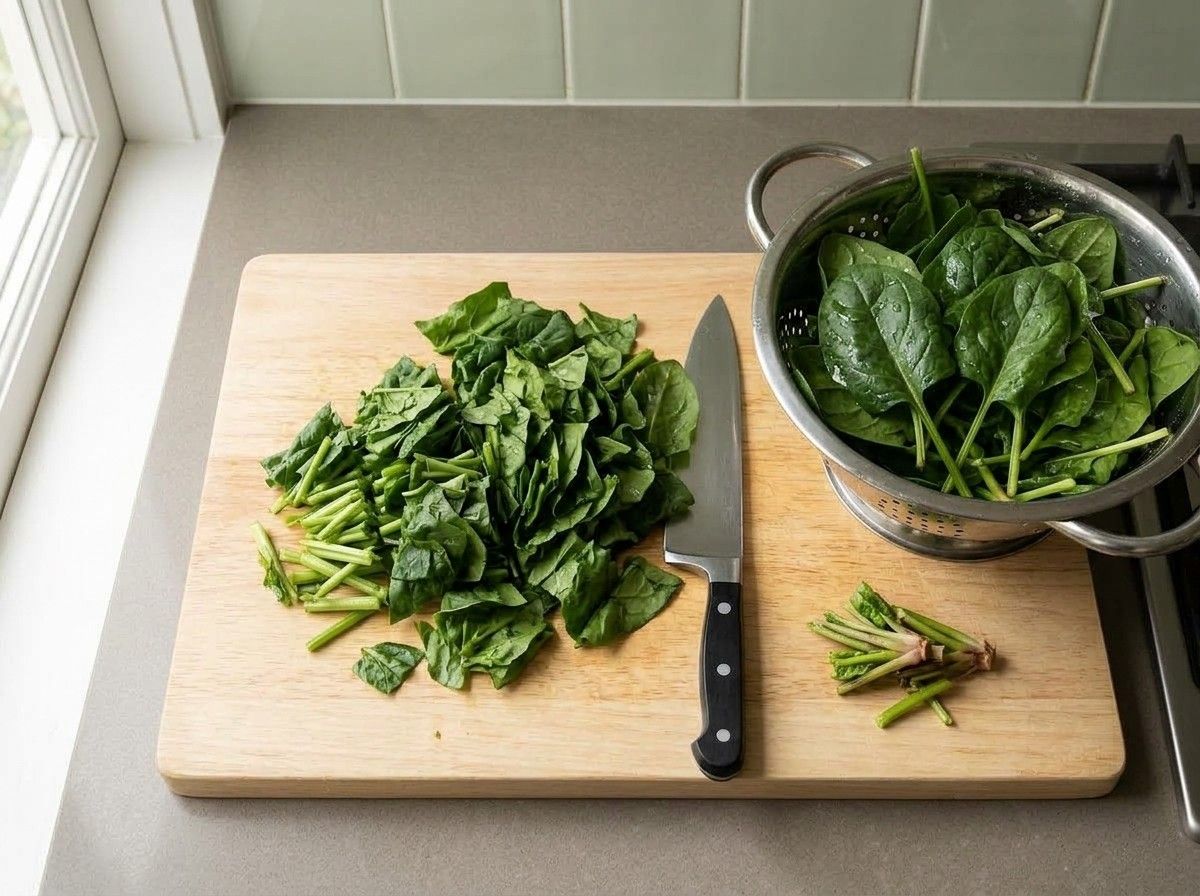 Washed fresh spinach draining in a colander beside a board of roughly chopped spinach and trimmed stems