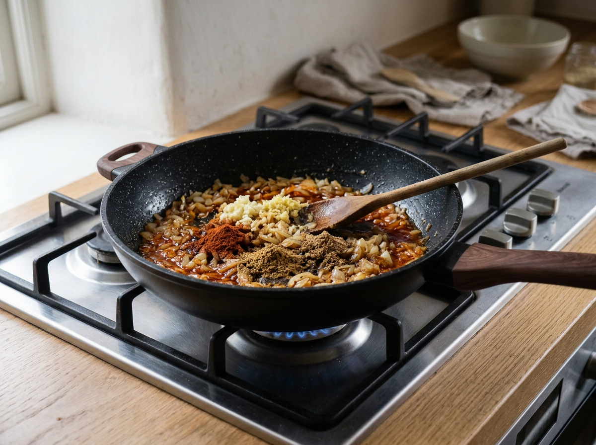Ground spices, ginger and garlic stirred into the onion, the butter turning red as they bloom.