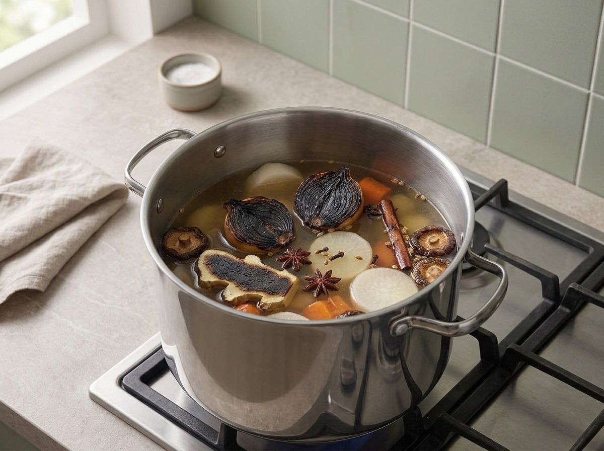Charred onion, ginger, daikon, carrot, dried shiitake and whole spices simmering in a stainless stockpot of pale broth
