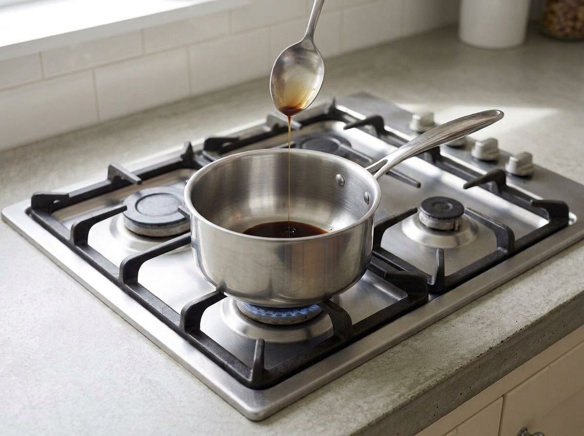 Balsamic vinegar and honey reducing in a small saucepan on the hob, a thin film of dark glaze running off the back of a spoon.