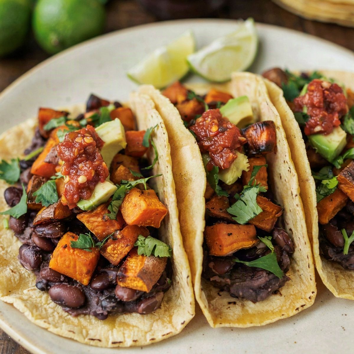 Three sweet potato and black bean tacos on a cream plate, soft yellow corn tortillas spread with dark mashed black beans and piled with caramelized roasted sweet potato, brick red salsa, avocado and cilantro.