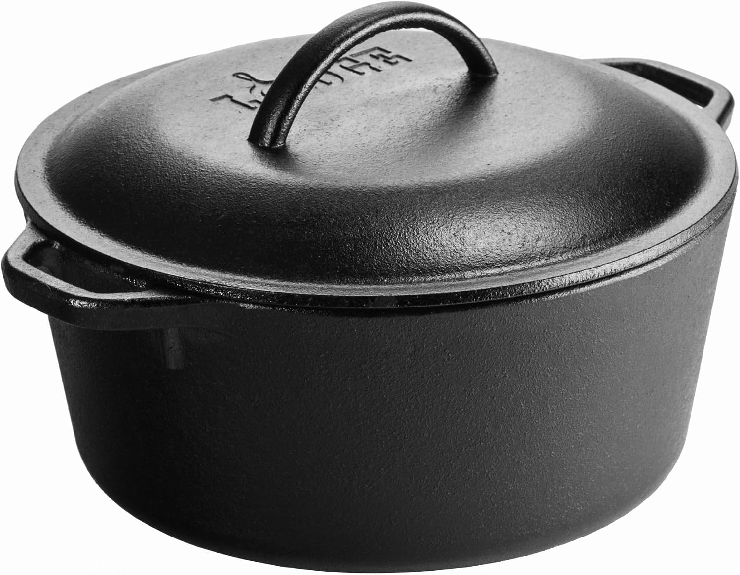 Black cast iron Dutch oven with a domed lid and loop handles