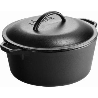 Black cast iron Dutch oven with a domed lid and loop handles