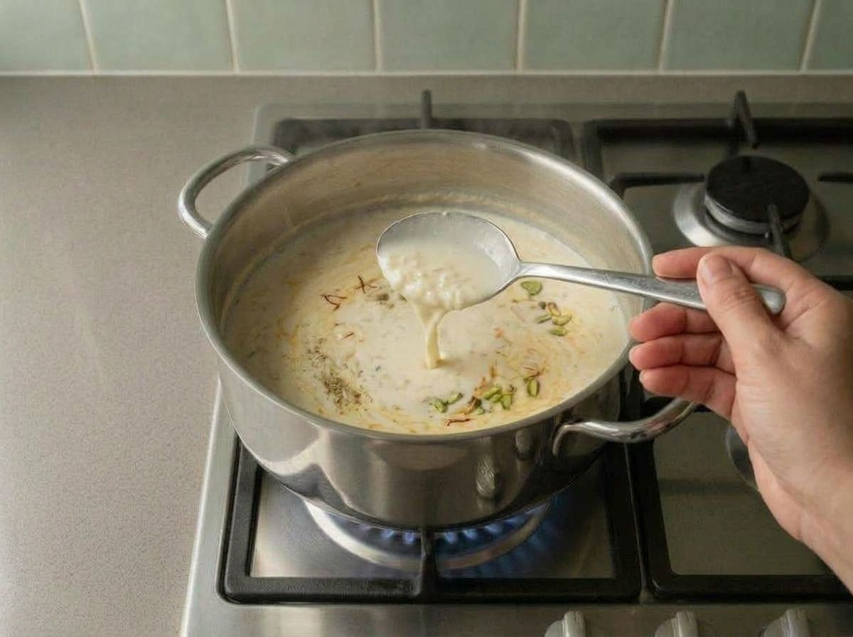 Kheer coating the back of a spoon and pouring off in a thick ribbon