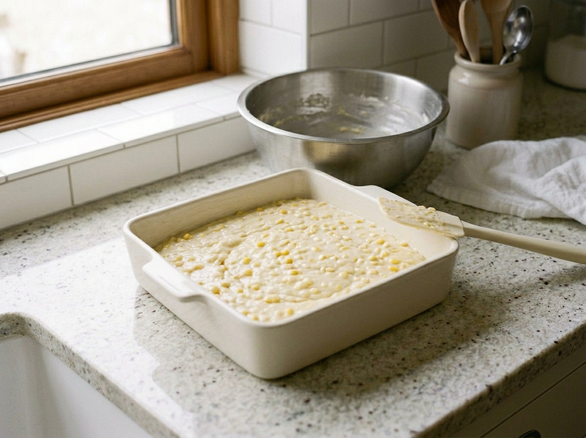 The raw corn casserole batter scraped into the buttered square baking dish and levelled off.