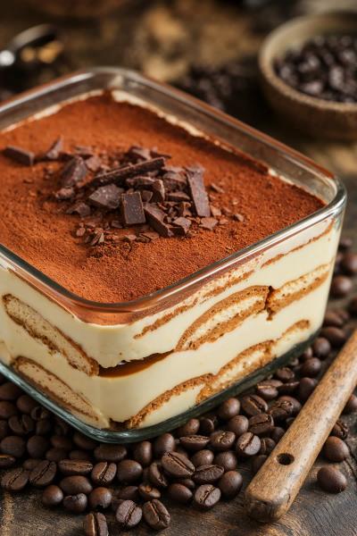 Layered vegan tiramisu with cream, cocoa, and chocolate shavings, topped with coffee beans.