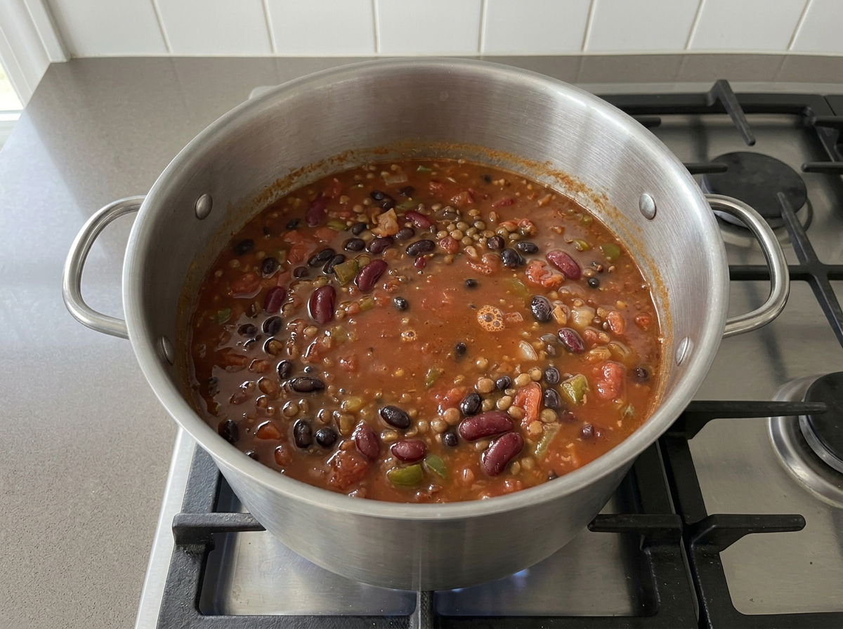 Diced tomatoes, black beans and kidney beans stirred into the tender lentils