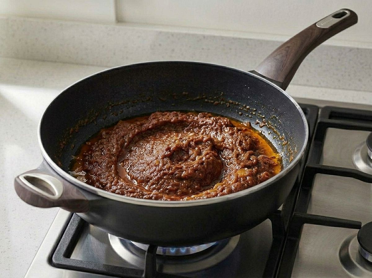 Onion and tomato cooked down to a thick brick-red masala that pulls from the pan sides, with orange oil separating at the edges.