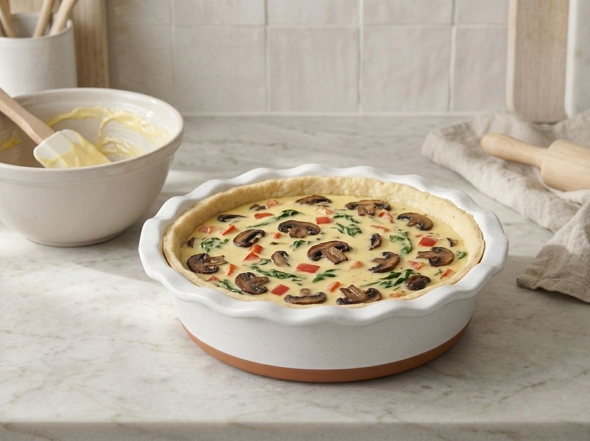 Custard and vegetables poured into the blind-baked shell, filling it three-quarters full.