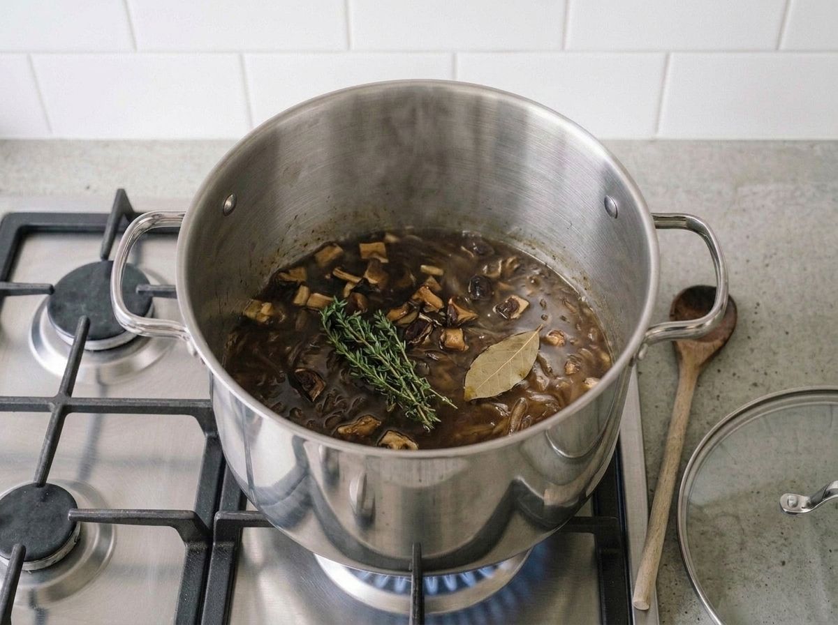 Dark brown broth with porcini, thyme and a bay leaf simmering uncovered in the pot