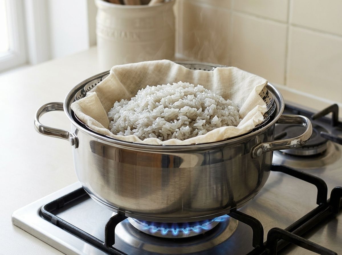 Glutinous rice steaming over simmering water until the grains turn glossy and translucent