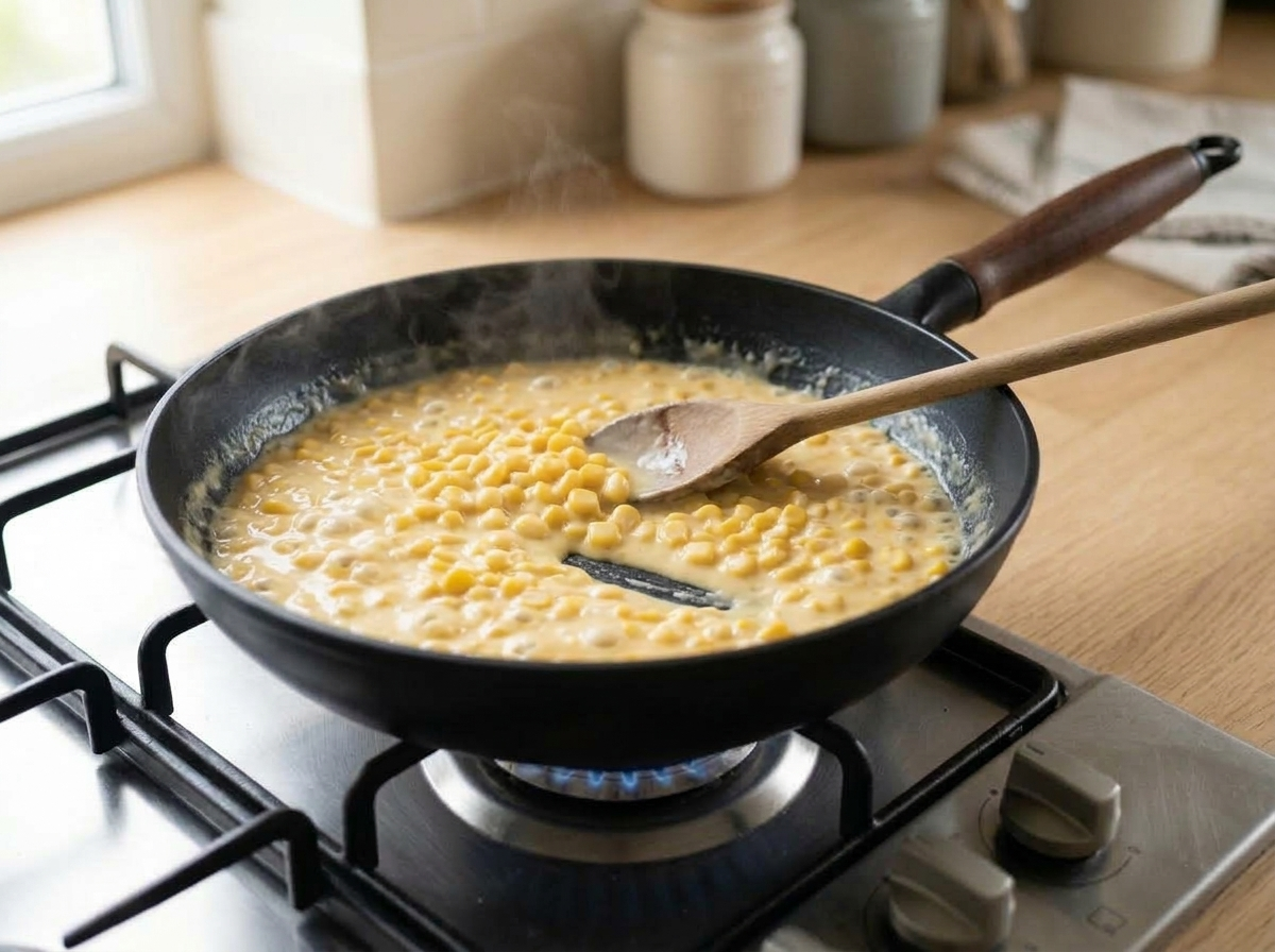 Corn kernels simmering in a thickening pale golden cream sauce, bubbles breaking the surface.